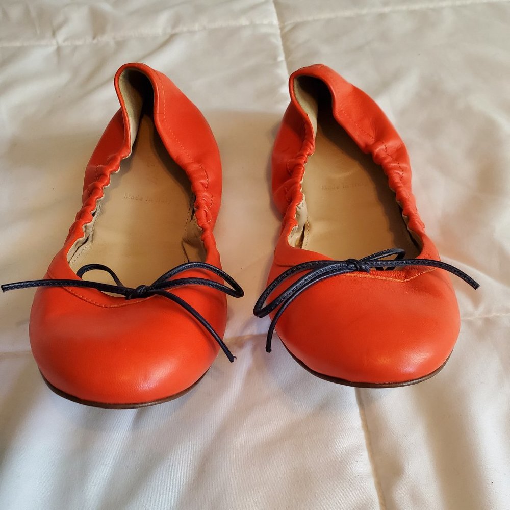 J. Crew Orange Leather Ballet Flats with Navy Bow